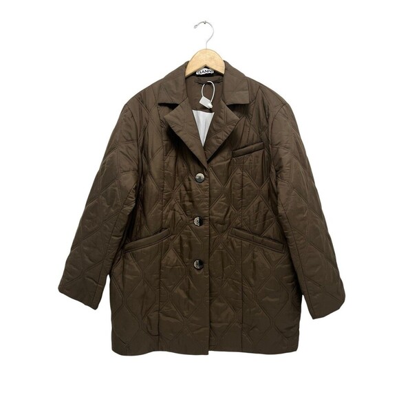 GANNI Diamond Quilted Ripstop Oversized Jacket Teak Brown Coat Women’s Size M - Picture 6 of 14